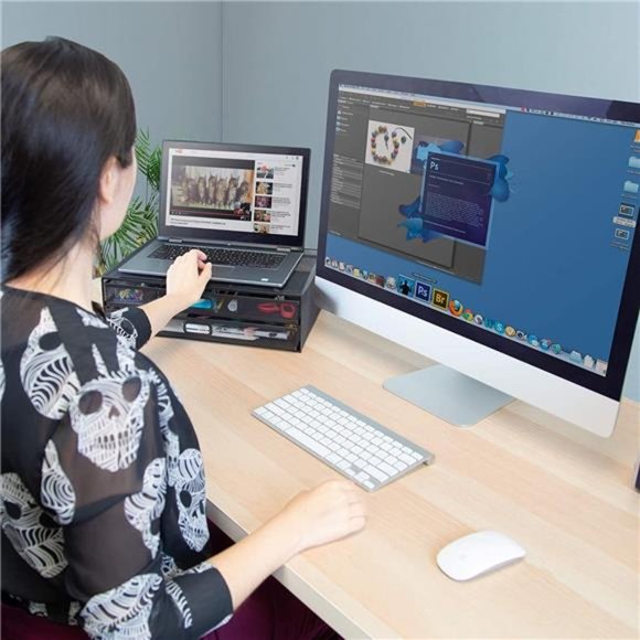 Computer Monitor Stand With Drawers, Metal Mesh Riser and Organizer for Laptops - Picture 4 of 6